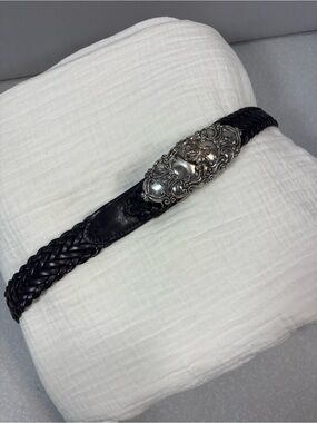 VTG Black Braided Leather Belt with Ornate Angel Silver-Tone Buckle Y2K